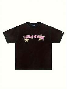 Camiseta de manga corta de marca de ropa urbana de verano para hombre, mujer y parejas, de alto gramaje, lavada, desgastada, con estampado de grafiti de letras en degradado y técnica tie-dye - Negro - Ver 1