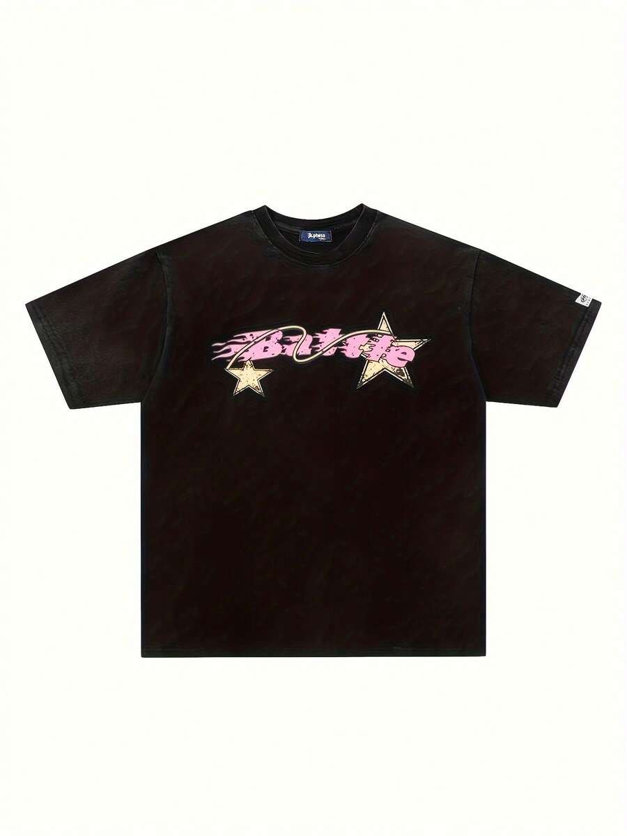 Camiseta de manga corta de marca de ropa urbana de verano para hombre, mujer y parejas, de alto gramaje, lavada, desgastada, con estampado de grafiti de letras en degradado y técnica tie-dye - Negro - Ver 1