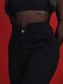 Women's Mom Jeans, High Waist, Marbled Effect. - Black - View 5