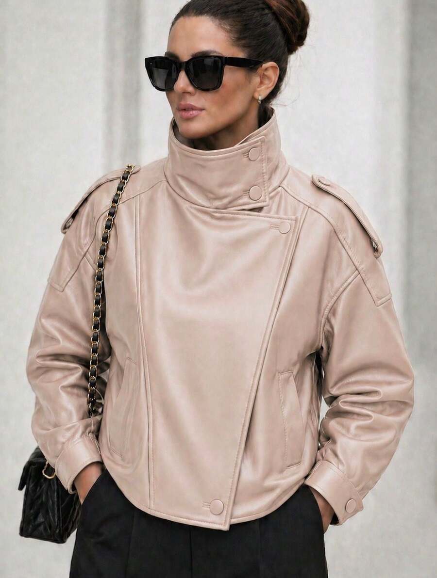 Women's Short Faux Leather Jacket, Modern And Elegant Style, For Winter - 離開 - 查看 1