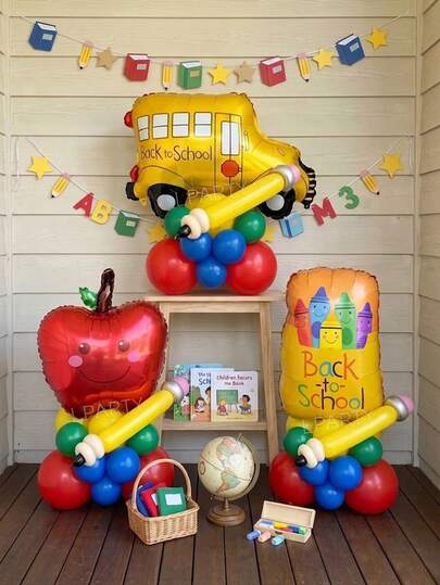 20pcs/58pcs School Bus/Apple Crayon Box/Apple Shape Foil Balloon Set, Classroom Decoration For Back To School, Use Long Balloons To Create Pencil Shape, Red/Yellow/Navy Blue/Dark Green Latex Balloons, Back To School Party, Birthday Event Photo Props, Campus Theme Decor
