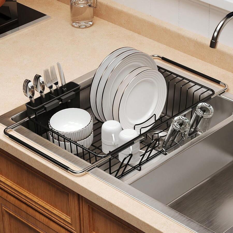 Expandable Over The Sink Dish Drying Rack, Stainless Steel Dish Rack In Sink, Kitchen Sink Drain Strainer With Utensil Holder & Cup Holders, Counter Space Saving & No Assembly Needed, Black - Black - View 1