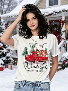 Christmas Santa Hat Graphic T-Shirts, Unisex Round Neck T-Shirt For Summer, Beach, Vacation, Casual, Neutral, Short Sleeve, Black Print, Classic For Summer Travel, Cotton T-Shirts For Summer. - 白色 - 查看 5