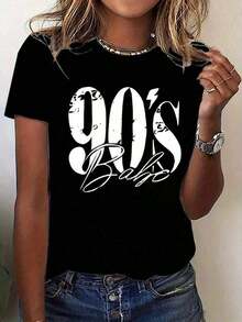 % Algodón, Nuevo Estilo de Verano, Estilo Y2K, Estampado de los 90, Camiseta de Cuello Redondo para Mujer, Estilo Casual Deportivo, Manga Corta, Tallas S-XXL,últiples Colores Disponibles, Lavable aáquina. Un regalo para familiares, hermanos, amigos, padres o maestros. - Negro - Ver 2