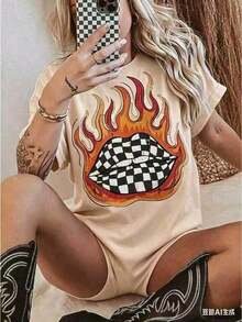 Western-Style Plaid Lip Print T-Shirt, Oversized Graphic Tee For Country Concerts, Western Wear, Retro Country T-Shirt, Funny Graphic Tees For Men And Women, Casual Crew Neck Loose Fit T-Shirts, Casual Short Sleeve T-Shirts For Men And Women 2026 - 杏色 - 查看 5