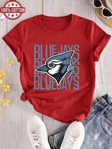 Women's Crew Neck T-Shirt, 100% Lightweight Cotton, With A Blue Jays Graphic Print, Suitable For Casual Everyday Wear, Holidays, Birthdays, And More. Ideal For Summer, Made Of Pure Cotton. - 紅色 - 查看 3
