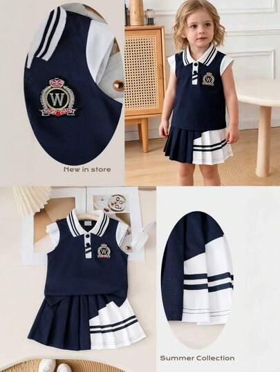 Summer New Women's Collared Sleeveless Top And Pleated Skirt Set, Navy Blue Sleeveless Polo Neck + Contrast Color Pleated Skirt, Soft Fabric, Elastic Waist, A-Line Silhouette, 2-Piece Outfit For Daily Wear