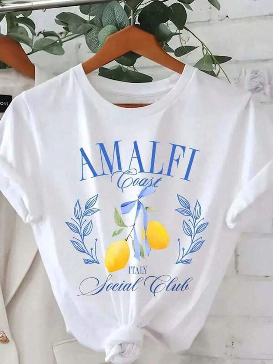 Camiseta casual de mujer con estampado de frutas de cuello redondo y manga corta