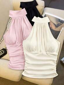 Top corto tipo bralette con cuello halter y frunces para mujer, tela cómoda y ligera, multicolor, blusas casuales de verano para mujer, blusas elegantes para mujer, camisetas gráficas para mujer, blusas elegantes para mujer, tops blancos, ropa de trabajo para mujer, tops negros, top blanco, camisa de vestir para mujer, estilo festival Y2k. - Multicolor - Ver 1