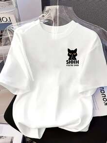 Camiseta con Estampado de Gato Negro, Manga Corta, Cuello Redondo, Estilo Casual para Primavera y Verano, Ropa de Mujer, Camiseta Y2k - Blanco - Ver 3