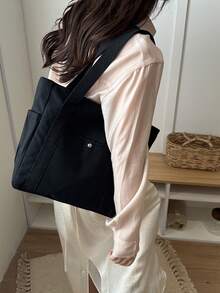 Bolsa de Lona de Gran Capacidad Estilo Universitario, Bolsa Casual, Bolsa de Compras, Bolsa de Hombro Multiusos, Versión Mejorada de Bolsa de Lona - Negro 2 - Ver 7