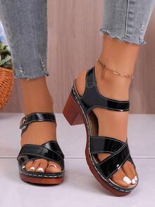 Summer Open Toe Sandals, Vintage PU Leather Rivet Embellished Chunky High Heel Bare Strap Design, Party Wear For Spring & Summer - Black - View 3