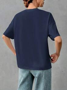 Camiseta holgada de estilo minimalista casual para mujer, con parte delantera corta y parte trasera larga, versátil para usar en la calle, adecuada para primavera y verano - Azul marino - Ver 2