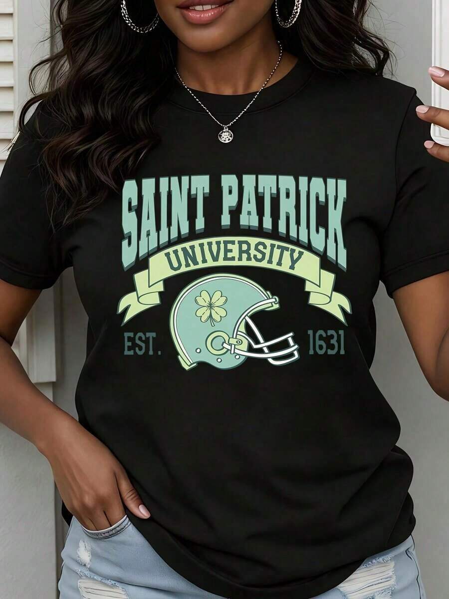 Camiseta de Cuello Redondo para Mujer con Estampado de Casco de Fútbol Americano de la Universidad de San Patricio y Trébol, Manga Corta, Ropa Casual para Fanáticas de los Deportes Universitarios - Negro - Ver 1