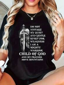 Camiseta de Talla Grande para Mujer con Diseño de Guerrero de Fe Cristiana - "El Poder de Dios" y "Moviendo Montañas", Camiseta Inspiradora con Versículo Bíblico, Transpirable, de Manga Corta y Cuello Redondo, Ideal para Uso Diario en Primavera y Verano, Negra con Letras Blancas (Diseño Salmo 23:4) - Negro - Ver 5