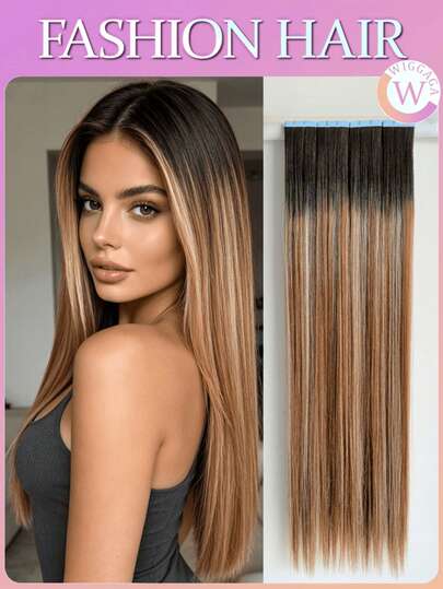 WIGGAGA 26 Inch Black/Brown/Gold/Ombre/Shiny Gold 25g 10pcs Tape-In Hair Extensions, Suitable For Thin Hair, Easy To Use, Applicable For Cosplay, Daily, Graduation, Anniversary, Holiday Styling