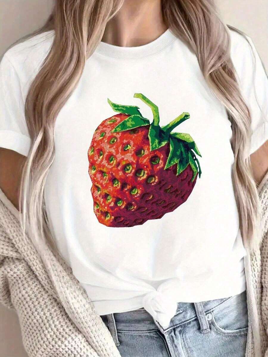 Vintage Holgada Camiseta Mujer Letras Casual Diario% Cotton Strawberry Print Round Neck-Shirt, Spring And Autumn Casual Short Sleeve-Shirt, Women's Clothing Softstyle Casual Tee Short SleeveOversize Camiseta Mujer Estampado 100% Algodón Puro - Blanco - Ver 1
