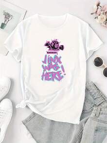 Camiseta 100% algodón con estampado creativo de letras de dibujos animados, moderna y a la moda, de manga corta para mujer, sencilla, casual y deportiva, una cómoda camiseta de verano para vacaciones. - Blanco - Ver 2