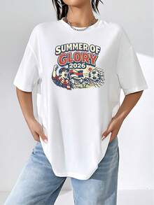 Graphic Celebrating The Passion Of Football With A Cheering Player, A Waving Flag, A Ball Going Into The Net And The Sun Shining, Symbolizing The Unity And Glory Of Summer 2026. Women's T-Shirt, 100% Cotton, Comfortable, Casual, Modern. - 白色 - 查看 6
