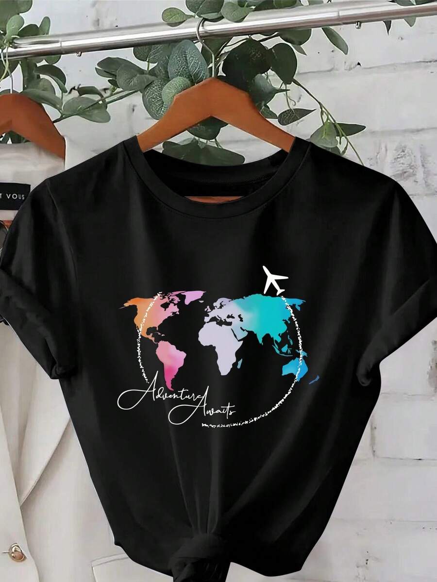 Camiseta de cuello redondo con estampado de moda, ropa de mujer de talla estándar, playeras de mujer. - Negro - Ver 1