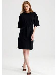RoseArya Cotton Front Tie Detail Above Knee Dress - Black - View 2