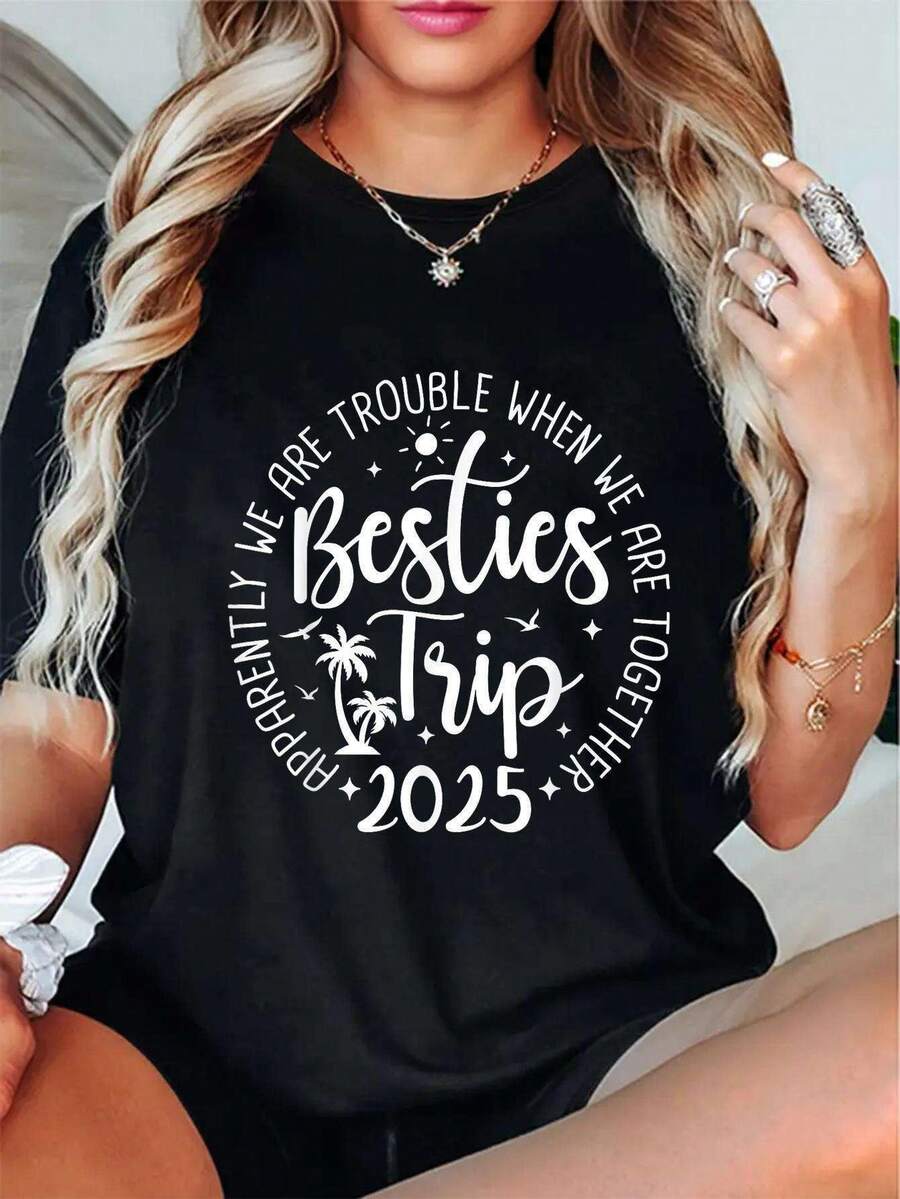 Besties Trip 2025 Matching Graphic T-Shirt - Unisex, Casual Loose Fit, Short Sleeve, With "We're Besties" Slogan And Star Design For Holidays, Travel, Group Outings (Sizes S-3XL), Travel Wear, Relaxed Style, Comfortable Fit, Y2K T-Shirt - 黑色 - 查看 1