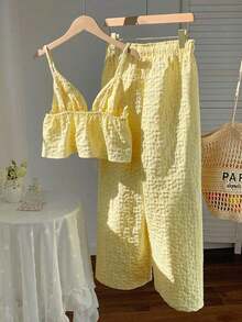 Conjunto casual de 2 piezas de mujer con rayas tejidas, para primavera/verano - Amarillo 2 - Ver 2