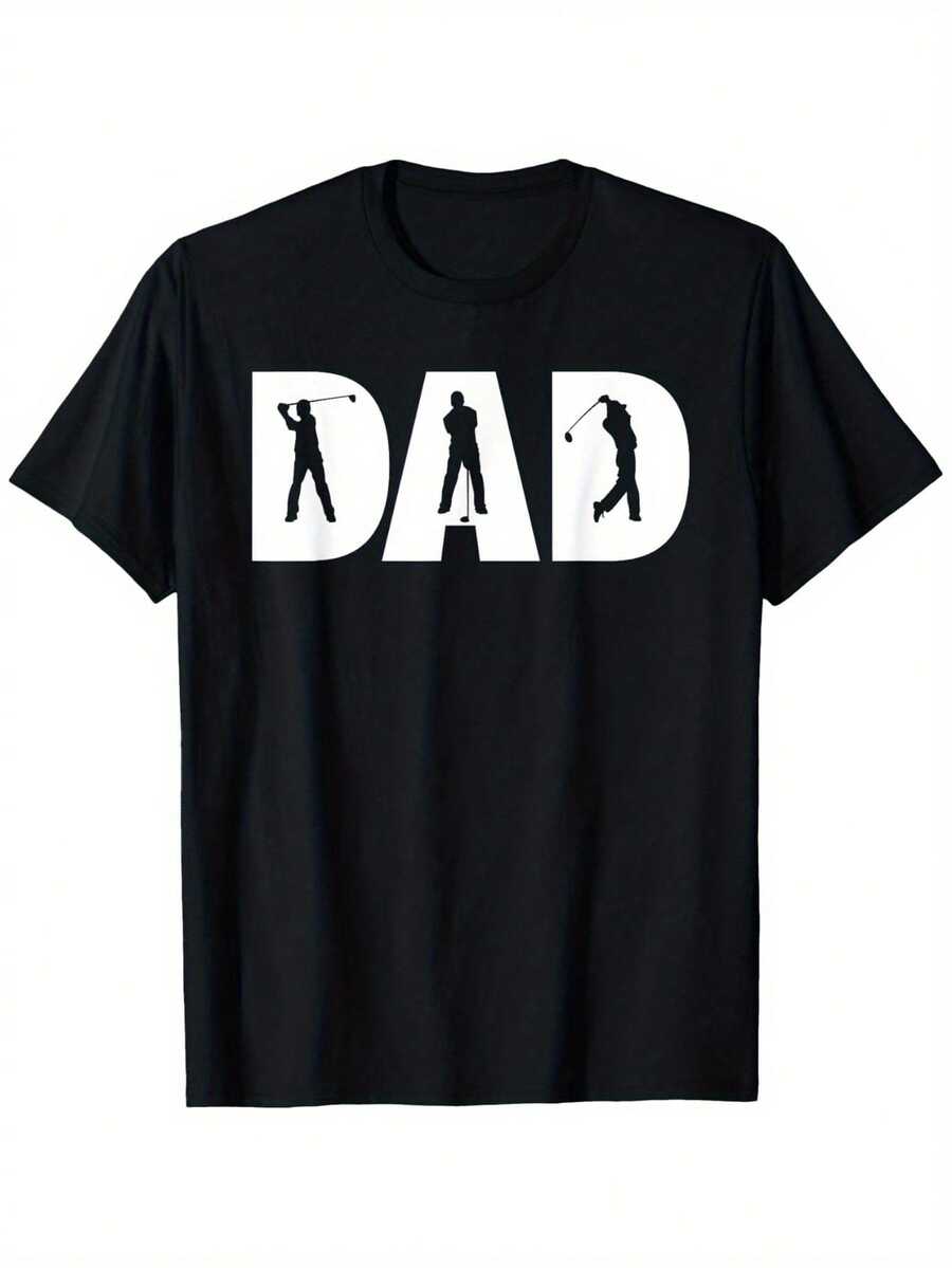 Camiseta de Algodón 100% Puro con Estampado de Silueta de Golf DAD en Negro - Estilo Casual Simple - Suave y Cómoda, Cuello Redondo, Manga Corta, Top de Moda Urbana para Todas las Temporadas, Ropa Casual de Calle| Camiseta de Cuello Redondo Y2k - Negro - Ver 1
