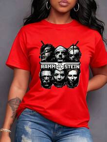 The Image Captures The Essence Of Rammstein's Members, Their Powerful Music, And Their Enduring Legacy. Ideal For Industrial Metal Fans Who Appreciate Authenticity And Global Cultural Impact. Women's T-Shirt, 100% Cotton, Maija Women's Curvy. - 紅色 - 查看 7