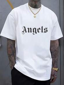 Camiseta de Cuello Redondo 100% Algodón con Diseño de Impresión de Fuente Gótica Angel para Interiores, Moda Casual - Blanco - Ver 8