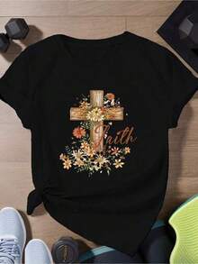 mujer Camiseta deportiva de manga corta para mujeres de talla grande con diseño de cruz floral inspirado en la fe Children's clothing - Negro - Ver 1