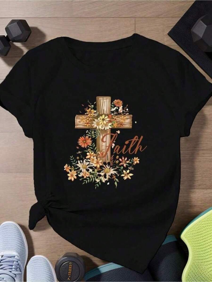 mujer Camiseta deportiva de manga corta para mujeres de talla grande con diseño de cruz floral inspirado en la fe Children's clothing - Negro - Ver 1