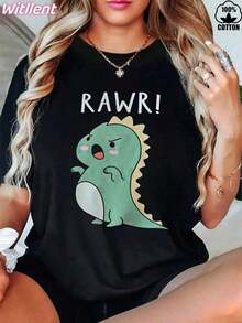 1psc1 pieza de camiseta de algodón 100% para mujer con diseño de dinosaurio enojado, camiseta de algodón pesado de 180g para mujer para Navidad (1 pieza) 180g 100% algodón.100%cotton100% Cotton100% Cotton100% Cotton - Negro - Ver 6