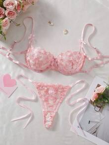 2件組女款粉色花卉刺繡透視網紗綁帶內衣套裝 - 粉色 - 查看 5