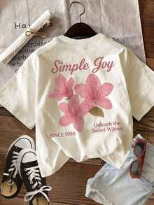 Camiseta Casual de Mujer para Primavera/Verano con Estampado de Doble Cara, Estilo Fresco con Estampado Floral Rosa, Simple Felicidad para Liberar la Dulzura Interior, Camiseta de Moda de Manga Corta con Cuello Redondo, Ropa para el 4 de Julio para Mujer, Día del Partido de la Copa Mundial, Camiseta Suave y Ligera, Fácil de Combinar con Todos los Atuendos. Camiseta gráfica de algodón 100% para mujer, estilo Brokey Y2K, cuello redondo, corte holgado. - Albaricoque - Ver 4