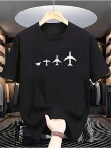Premium Black Crew Neck T-Shirt With Airplane Evolution Print, Suitable For Casual And Sport Wear, All-Season Short Sleeve T-Shirt, Slightly Stretchy Knit Fabric, Regular Fit, Perfect For Everyday And Weekend Wear. - 黑色 - 查看 7