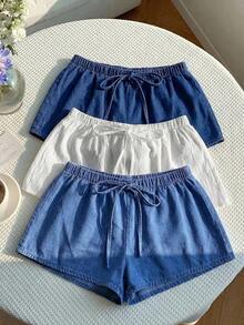 Set de 3 piezas de shorts casuales sueltos con cintura anudada para mujer - Multicolor 3 - Ver 5