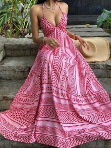 Vestido maxi con escote en V profundo, cuello halter, espalda descubierta y cintura con lazo, con lunares negros, estilo sexy y elegante europeo y americano, adecuado para primavera/verano y vacaciones en la playa - Rosa 2 - Ver 12