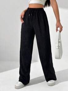Pantalones rectos de lino cómodos y versátiles para uso casual y de oficina, para primavera/verano - Negro - Ver 6