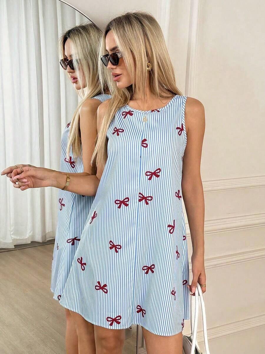 Vestido informal de lino sin mangas con corte evasé y bolsillos acolchados, conjunto elegante de vacaciones con estilo "Old Money" para mujer - Multicolor 2 - Ver 1