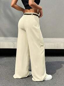 Pantalones anchos casuales y para ir al trabajo de mujer con cintura alta plisada y cinturón en beige - Amarillo mantequilla - Ver 2