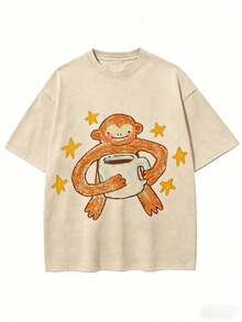 Vintage Washed BlackT-Shirt, Cute Cartoon Monkey With Coffee Cup & Yellow Stars Print Tee,Retro Distressed Oversized Short Sleeve Casual StreetwearTop - 杏色 - 查看 11