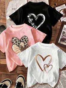 Camiseta casual de mujer con estampado de leopardo y corazón, cuello redondo, de una sola pieza. - Blanco - Ver 7
