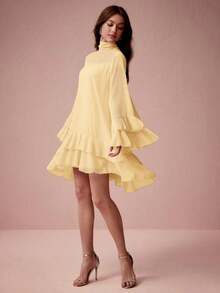 Vestido elegante de manga larga con cuello alto y diseño de capas en unicolor para mujer - Amarillo - Ver 3