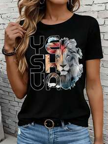 Women's Short-Sleeved T-Shirts In Black And White Are Suitable For Everyday Wear, Lounging At Home, And Outdoor Activities. Yes, This Casual Women's T-Shirt With A Lion Print Is A  Graphic Tee And Makes A Great Gift For Parties And Holidays. - 黑色 - 查看 7