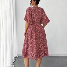 Elenzya Plus Size Women Ditsy Floral Round Neck Ruffle Sleeve Waist A-Line Midi Dress, Elegant Outdoor Wear - Verde - Ver 3