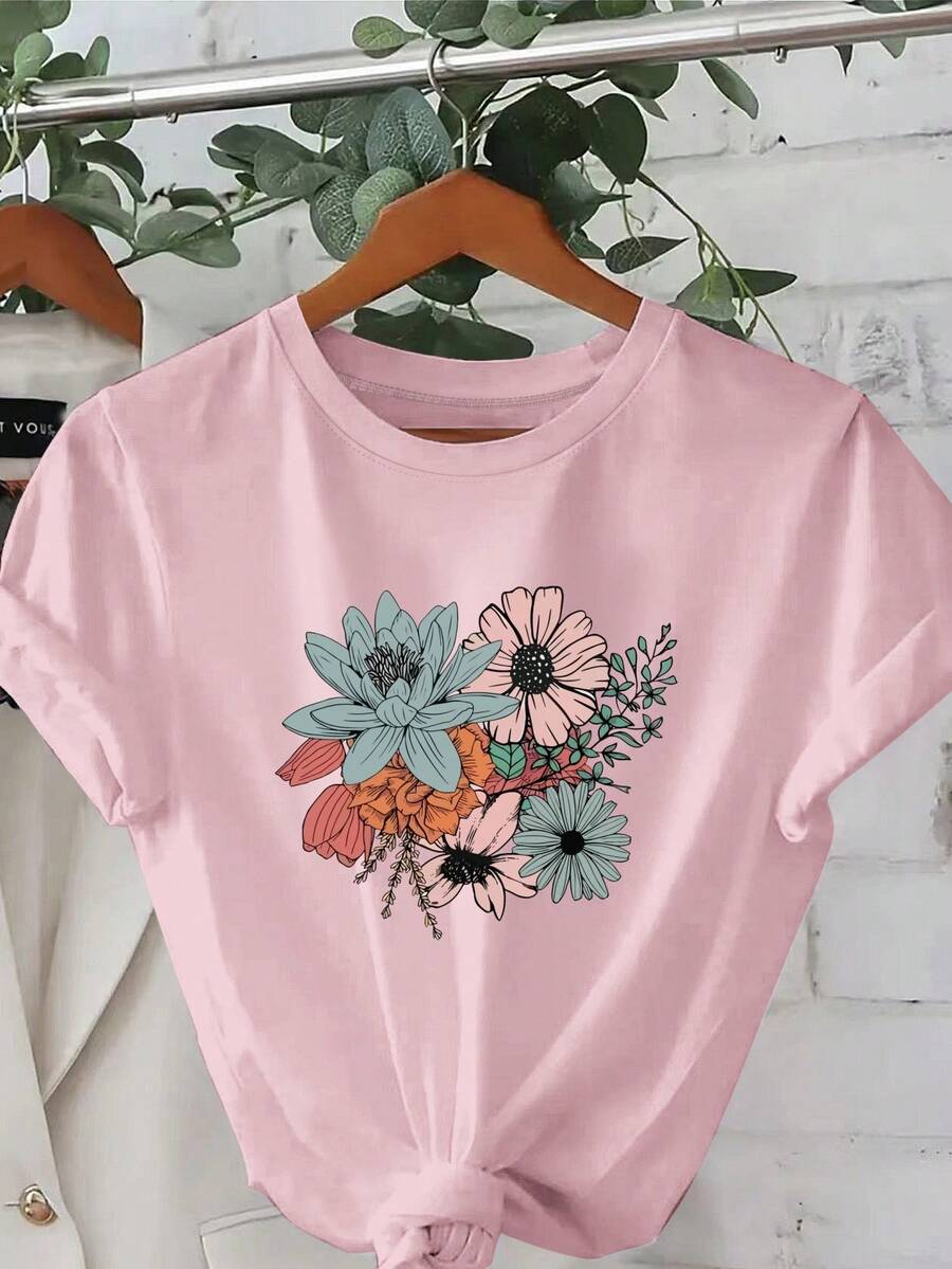 Plus Size - Plus Size - Fashionable Short Sleeve Crew Neck Printed T-Shirt, Plus Size Women's Clothing, Women's Clothing - 粉色 - 查看 1