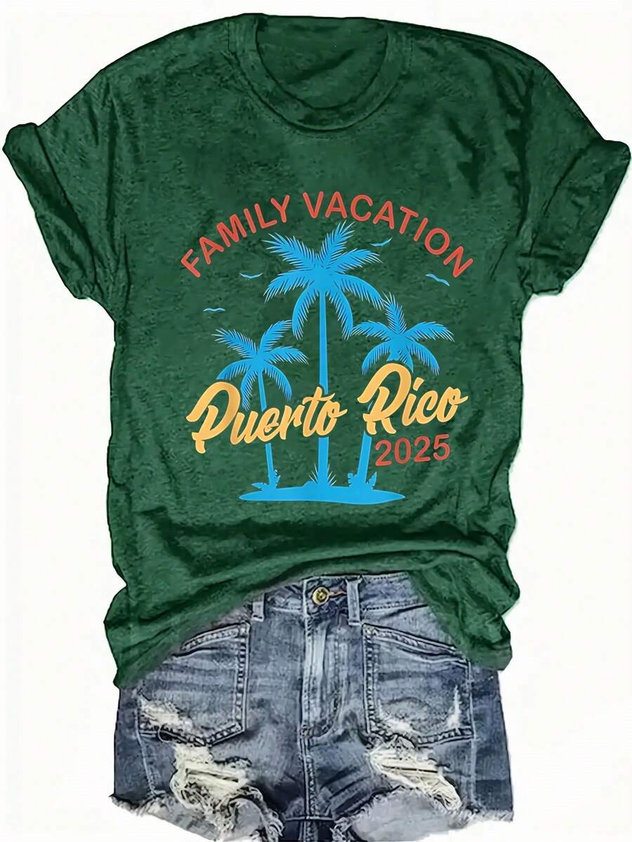 Women's Plus Size Graphic T-Shirt With Puerto Rico Design - Casual Short Sleeve Crew Neck Top With Palm Tree Design, Bright Pink, Perfect For Spring And Summer, Casual Spring Wear | Family Vacation Design | Vibrant Print T-Shirt, Puerto Rico T-Shirt - 綠色 - 查看 1