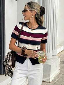 Top de punto a rayas para mujer , estilo casual holgado de manga corta y cuello redondo para verano, estilo preppy, cárdigan de manga corta a rayas marrones y azules, top de verano, estilo universitario americano, adecuado para uso diario, top de verano, para mujer en primavera. - Multicolor - Ver 1