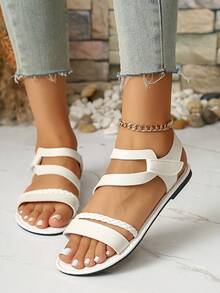 Women's Woven Strap Decor Flat Sandals, Casual Hook And Loop Sandals - White - View 6